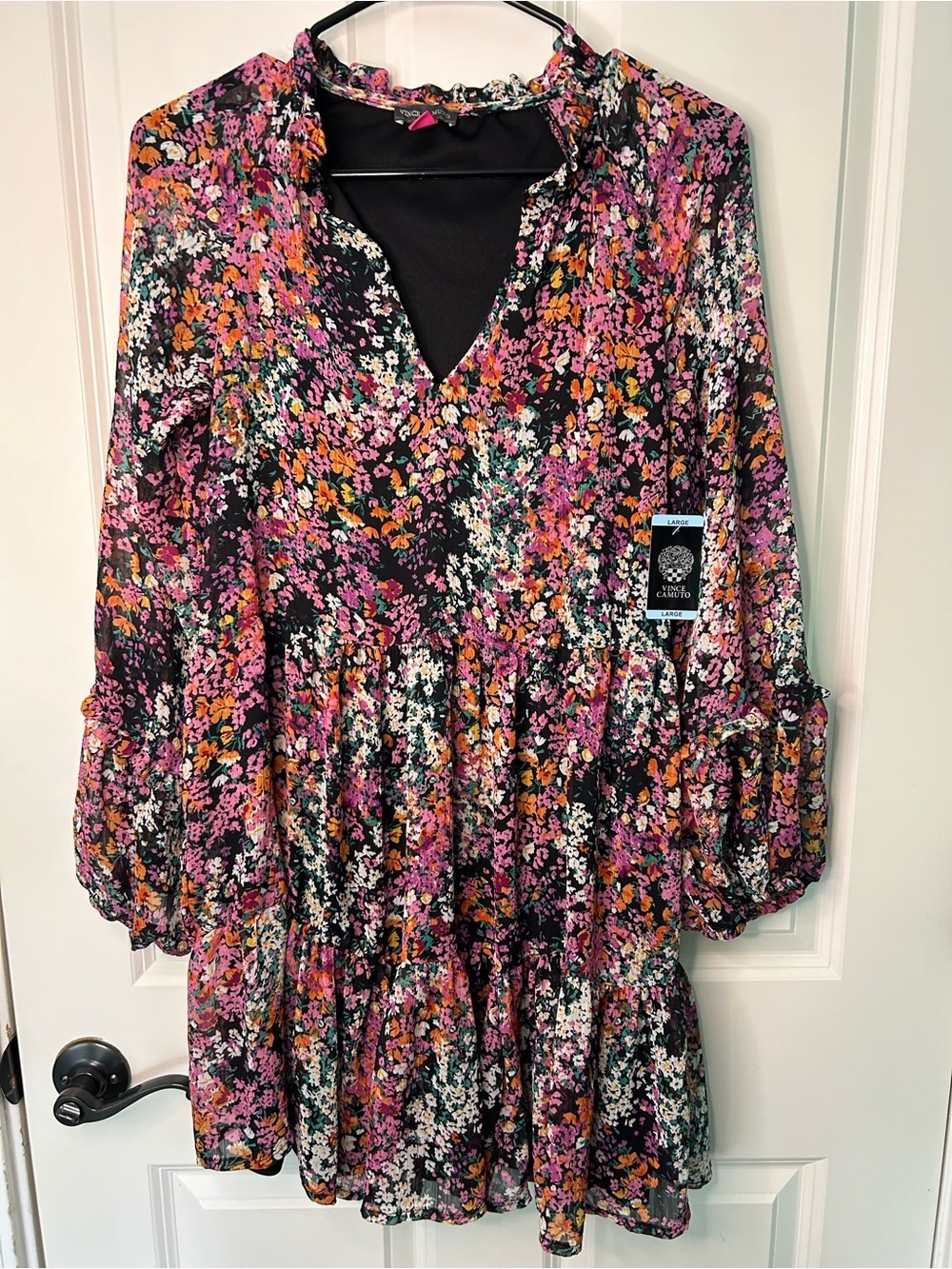 Vince Camuto Black Floral three tiered dress, large, nwt, cottagecore